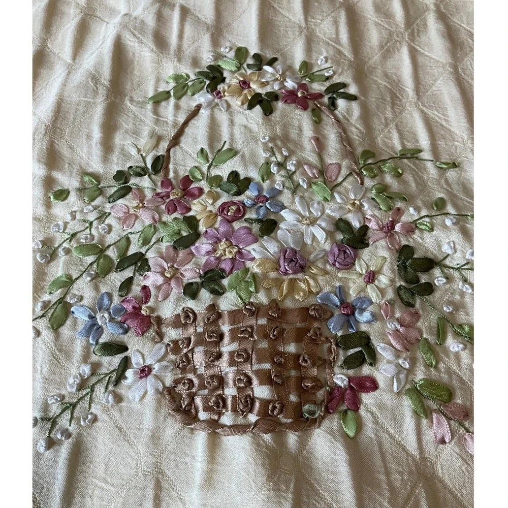 Vintage Pillowcases Set Ribbon Floral Embroidery Stitching Cottagecore Granny
